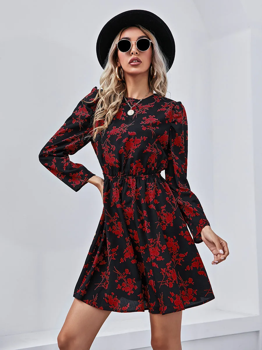 Round Neck Floral High-collared Skater Mini Dresses