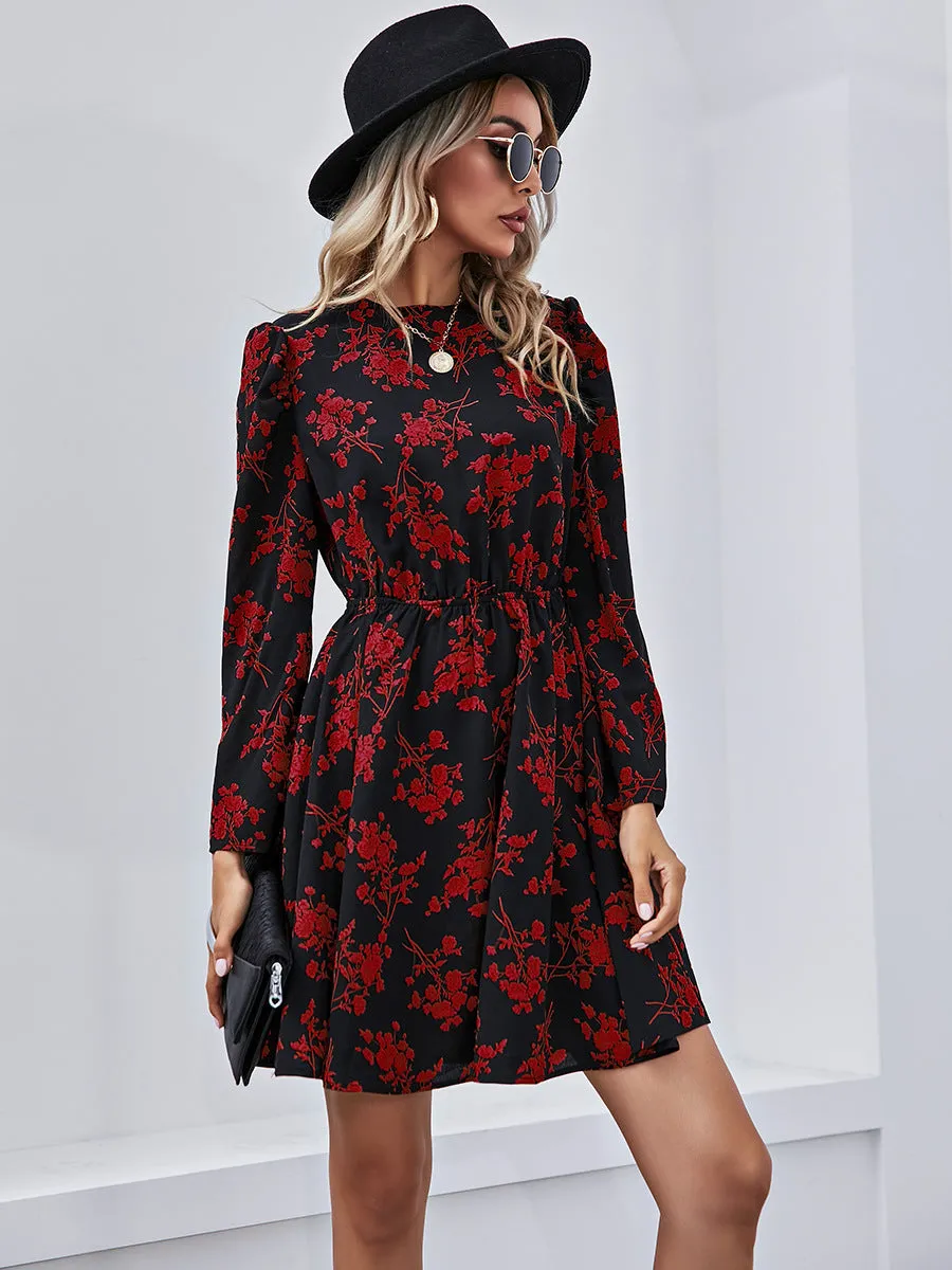 Round Neck Floral High-collared Skater Mini Dresses