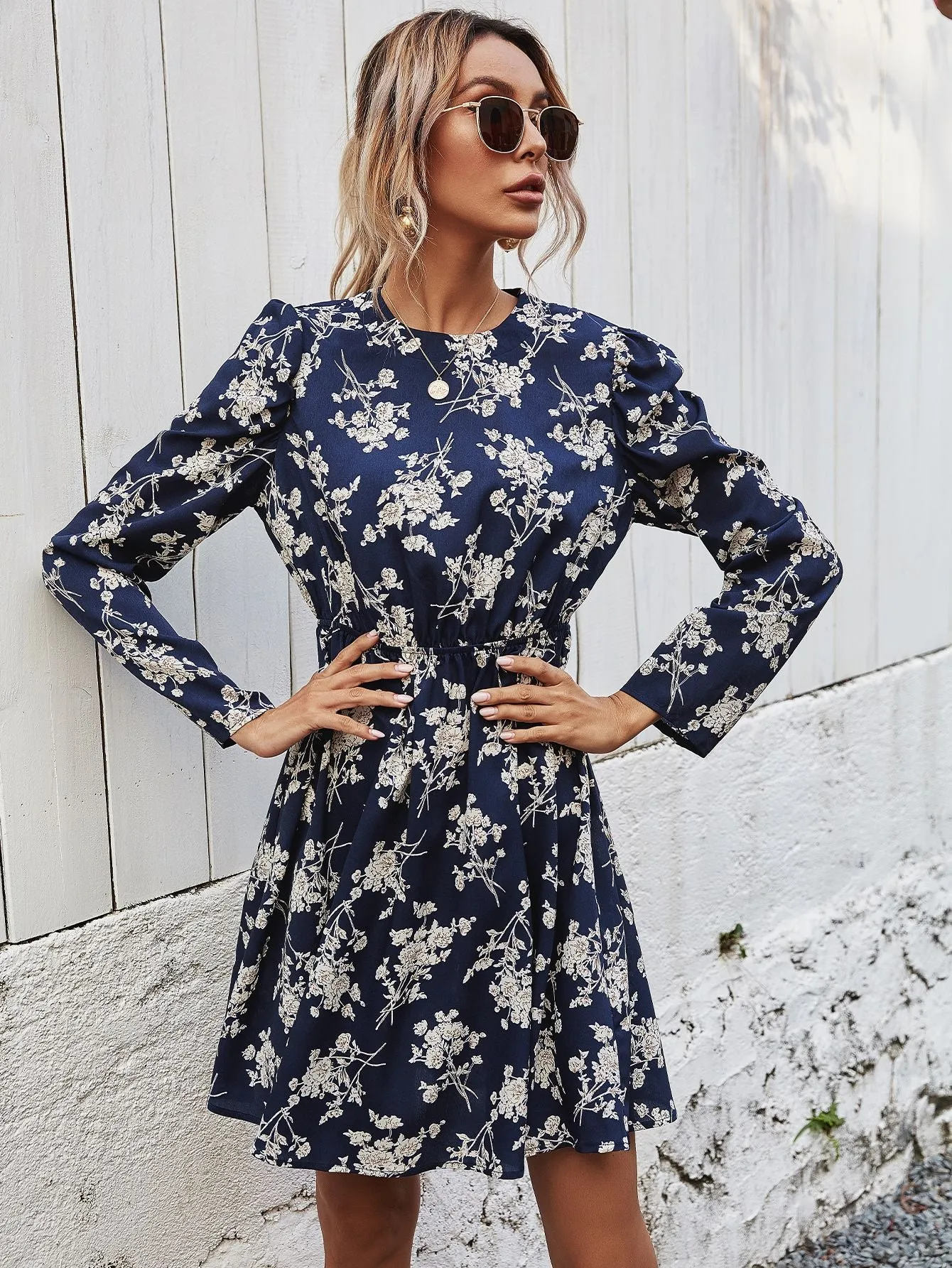 Round Neck Floral High-collared Skater Mini Dresses