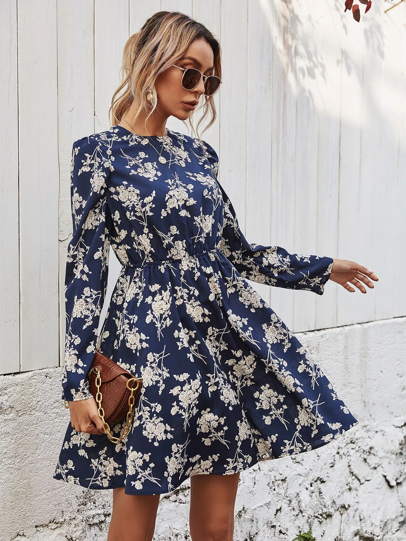 Round Neck Floral High-collared Skater Mini Dresses