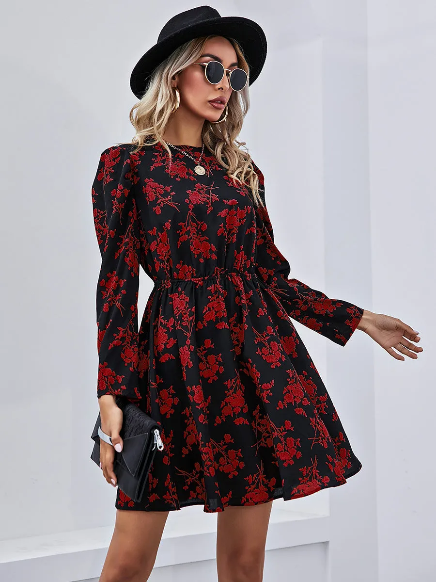 Round Neck Floral High-collared Skater Mini Dresses