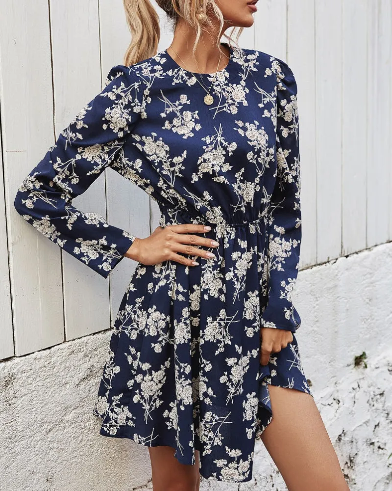 Round Neck Floral High-collared Skater Mini Dresses