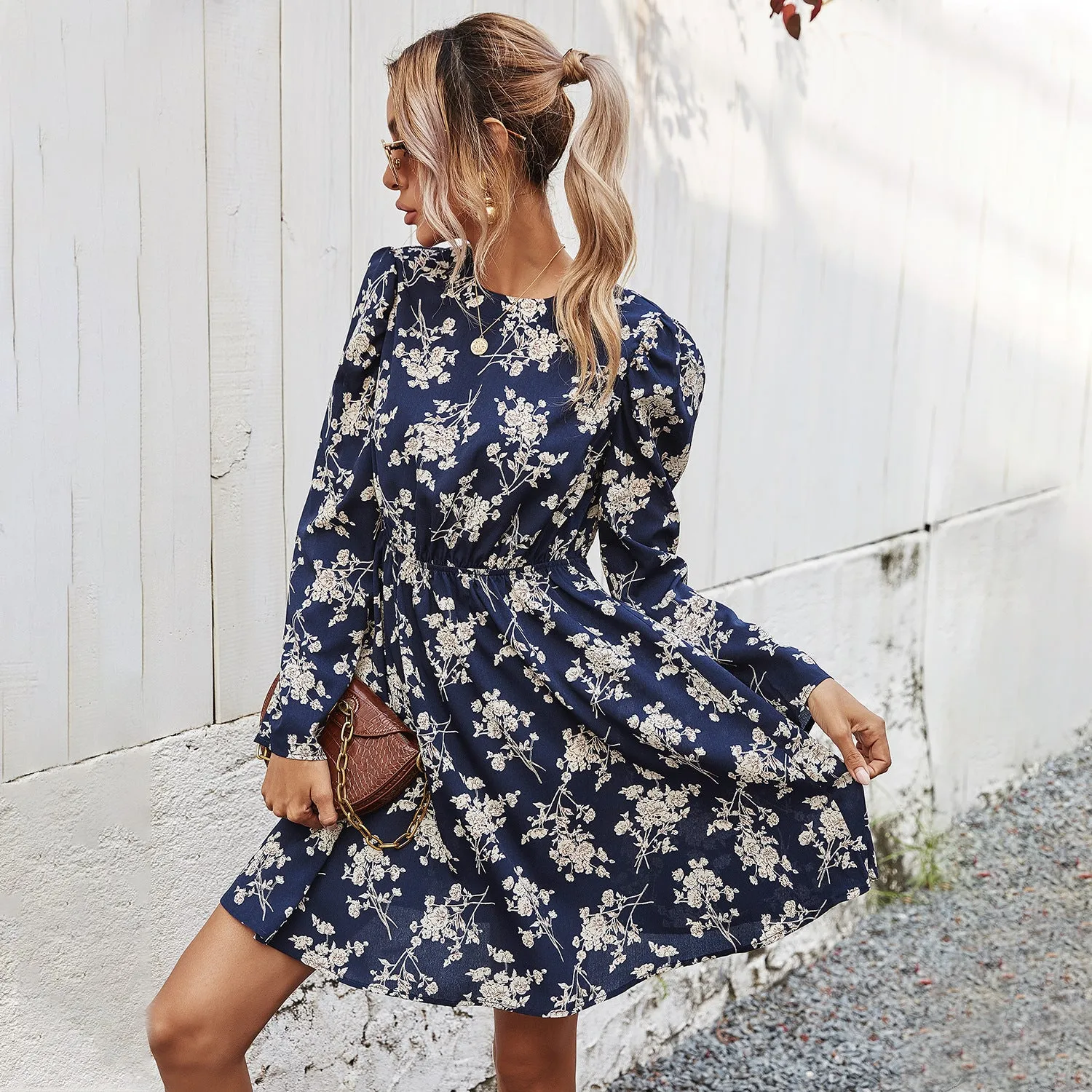 Round Neck Floral High-collared Skater Mini Dresses