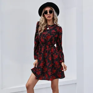 Round Neck Floral High-collared Skater Mini Dresses