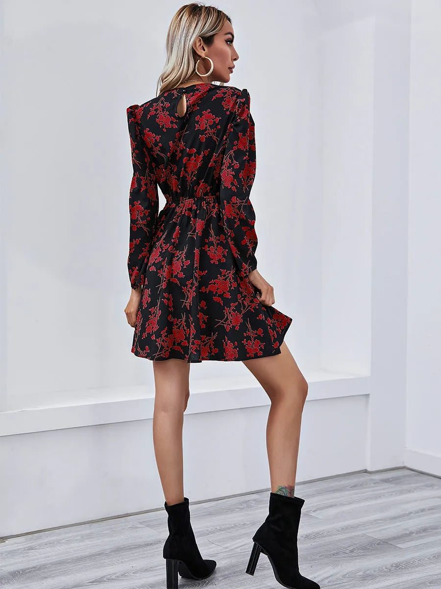 Round Neck Floral High-collared Skater Mini Dresses