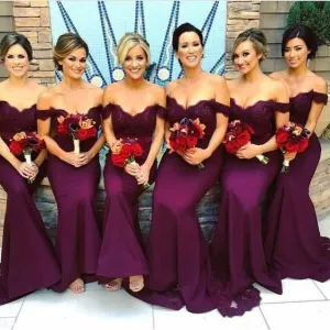 Roycebridal Mermaid Off the Shoulder Burgundy Lace Bridesmaid Dresses