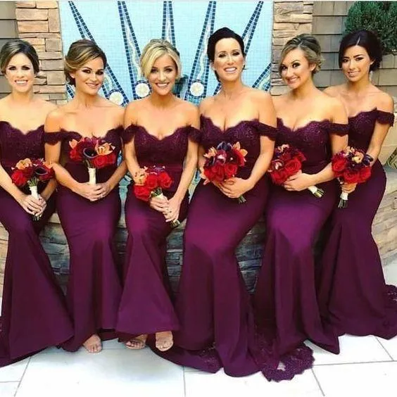 Roycebridal Mermaid Off the Shoulder Burgundy Lace Bridesmaid Dresses