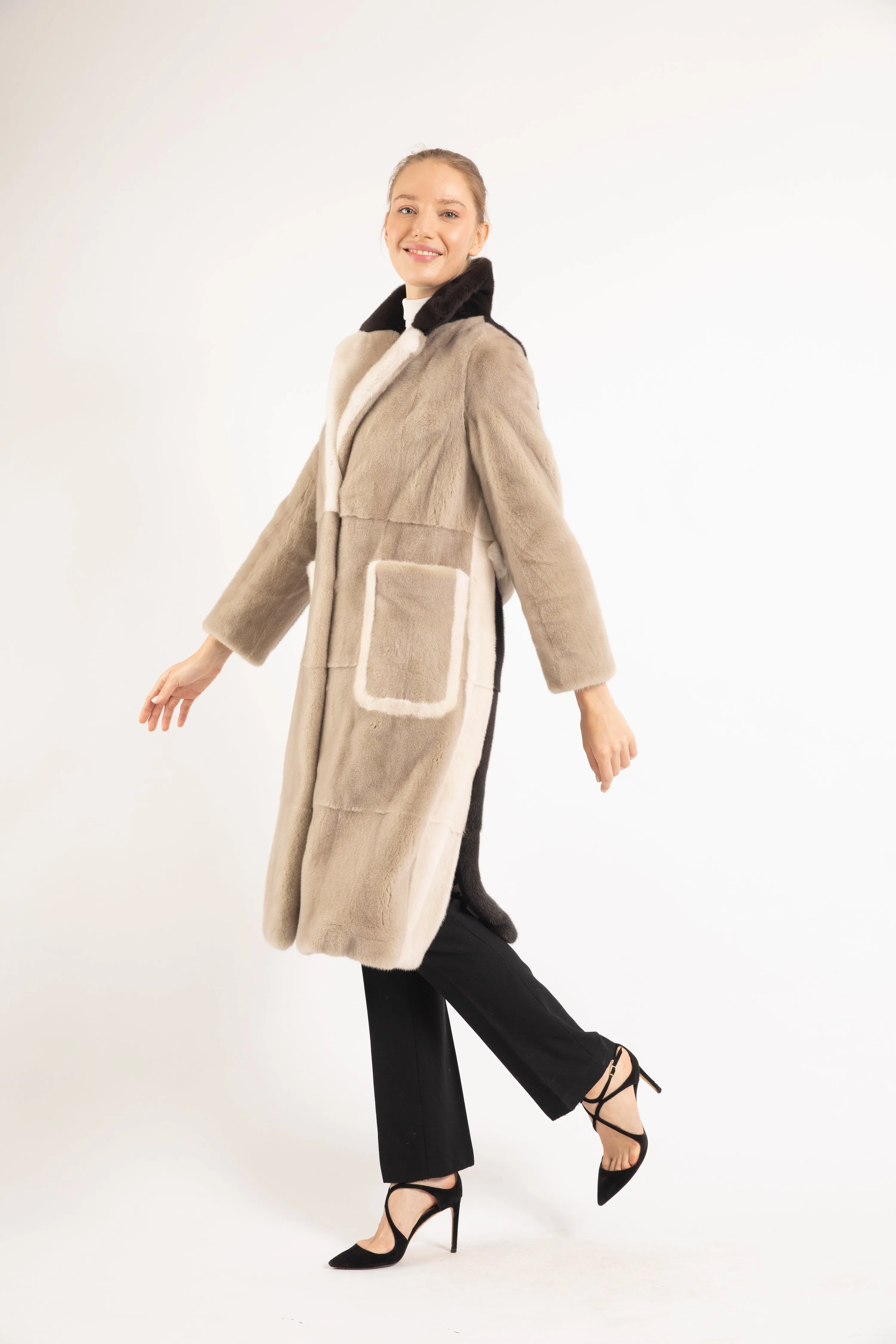 SAND BEIGE/ MUSHROOM/  PEARL MINK FUR COAT