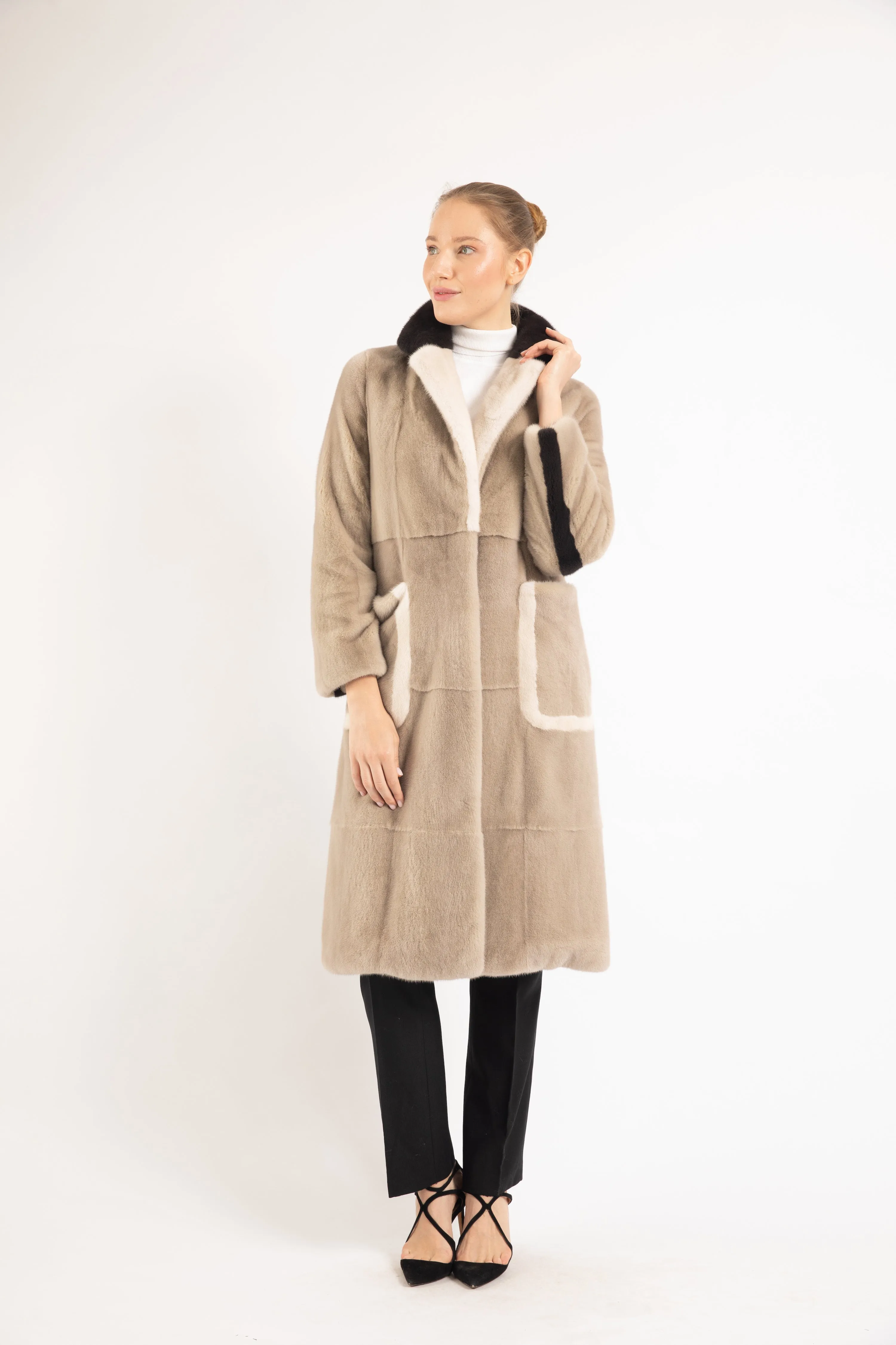 SAND BEIGE/ MUSHROOM/  PEARL MINK FUR COAT