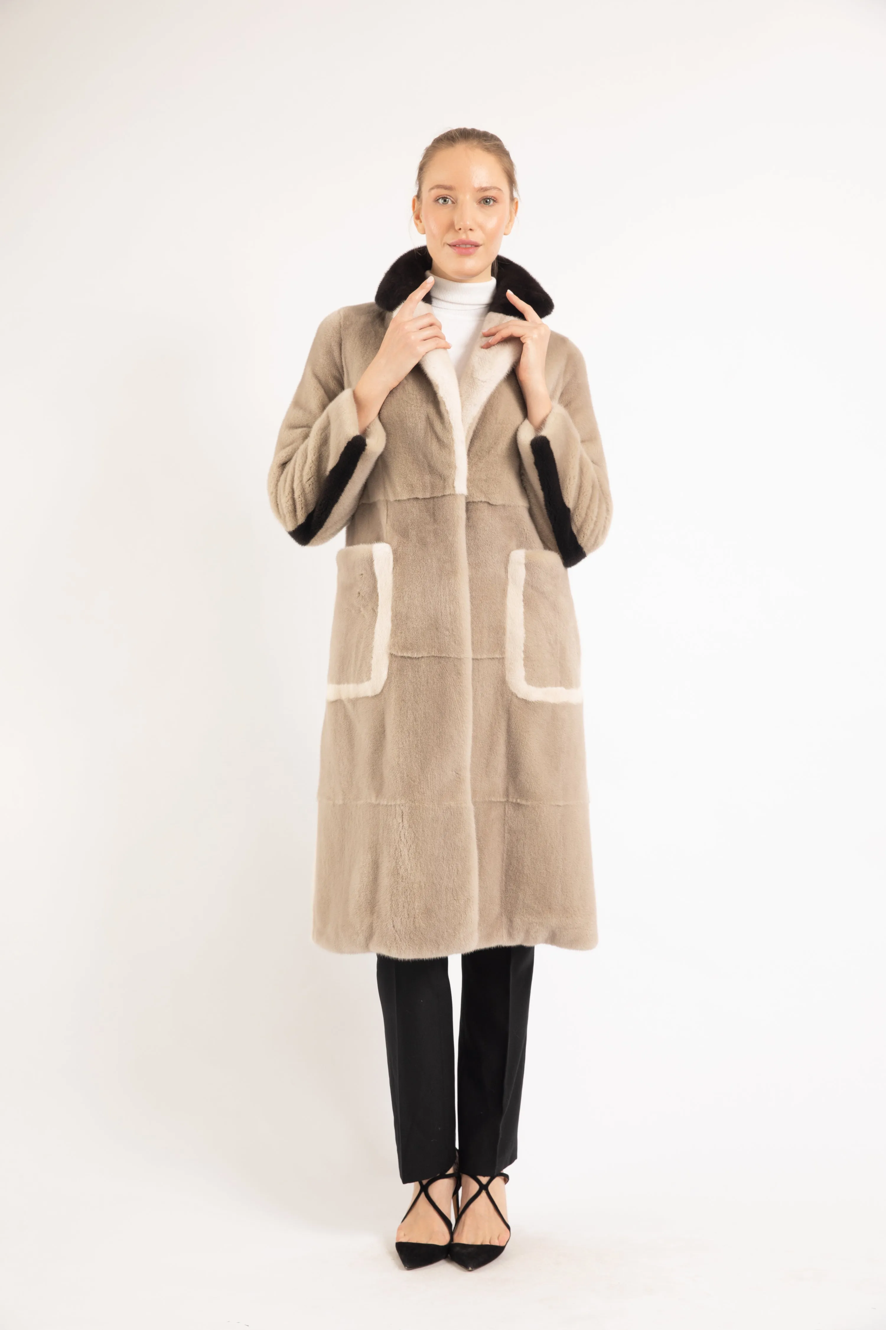 SAND BEIGE/ MUSHROOM/  PEARL MINK FUR COAT