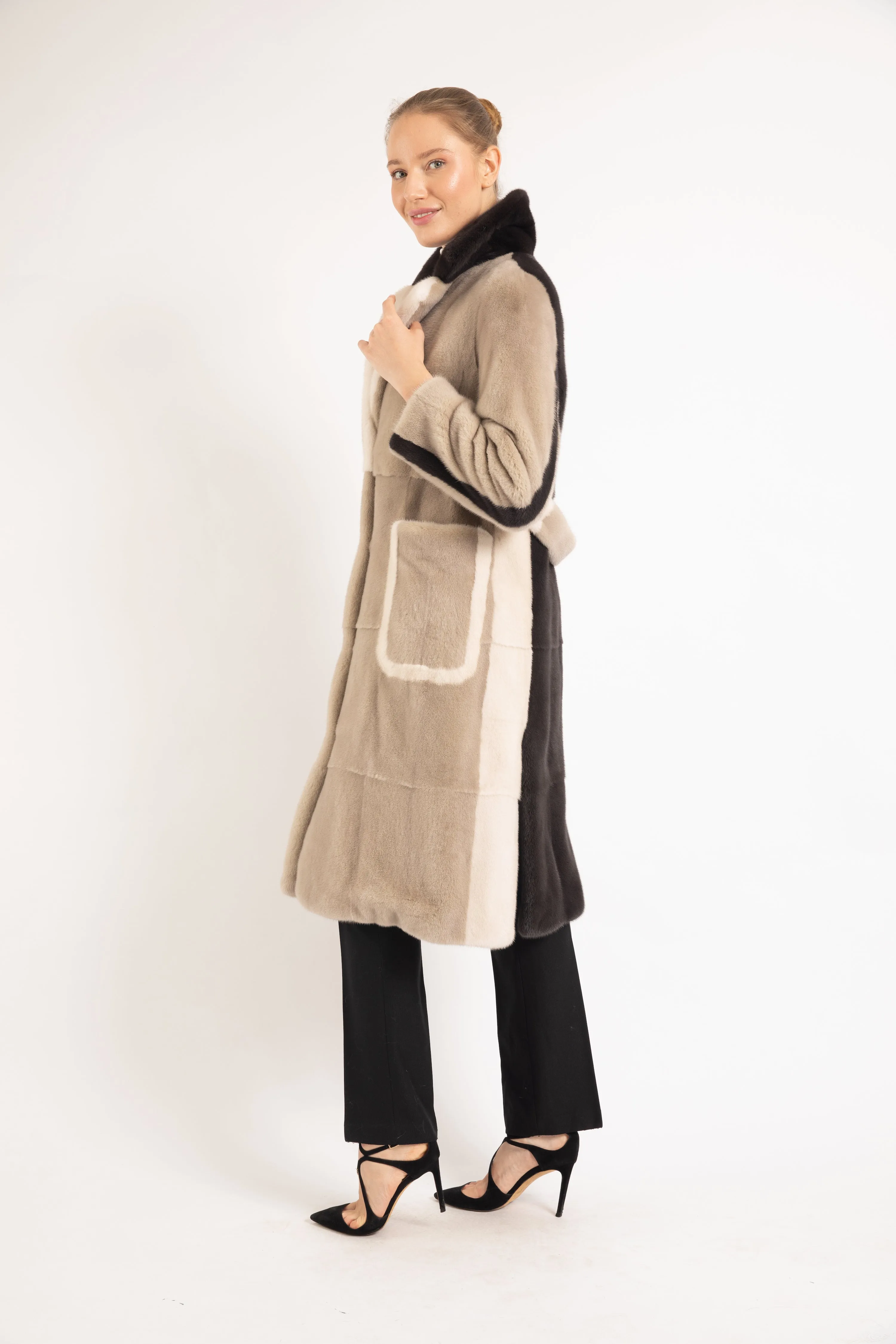 SAND BEIGE/ MUSHROOM/  PEARL MINK FUR COAT