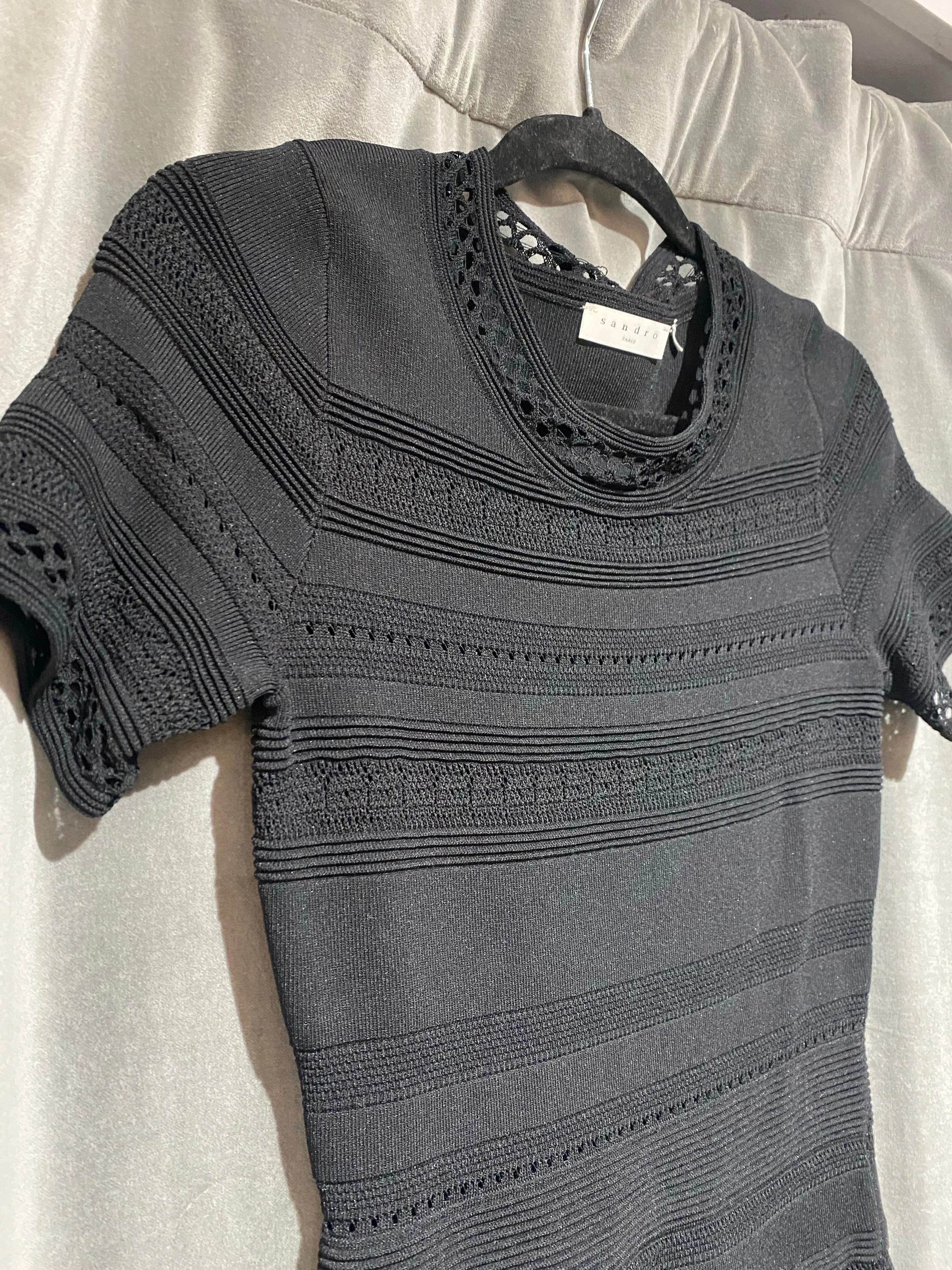 Sandro Black Short Sleeve Fit and Flare Stretch Knit Dress with Bottom Ruffle