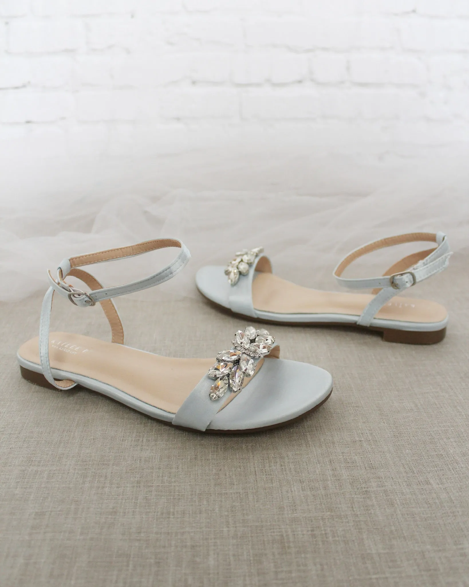 Satin Flat Sandal with Butterfly Brooch and Ankle Strap