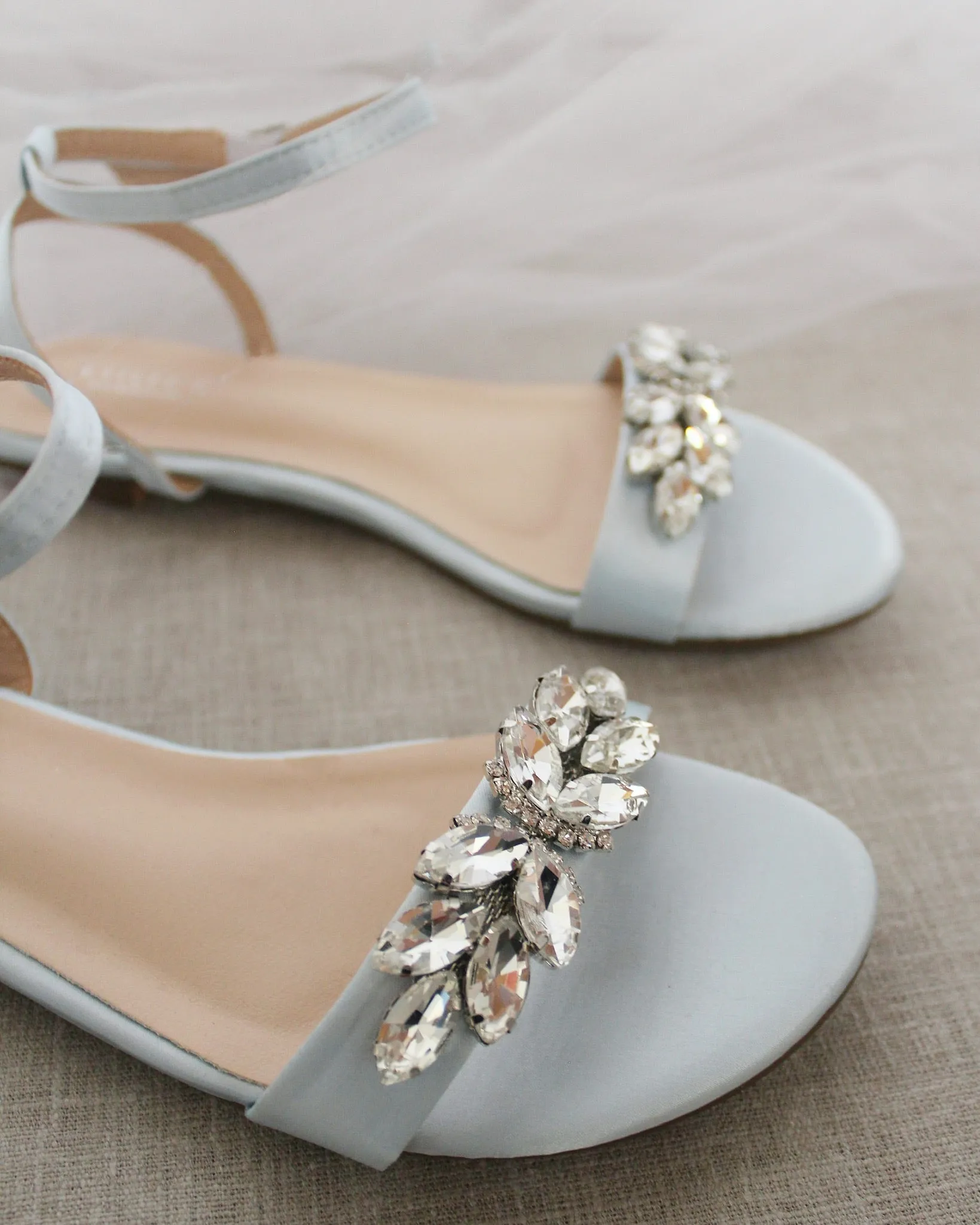 Satin Flat Sandal with Butterfly Brooch and Ankle Strap