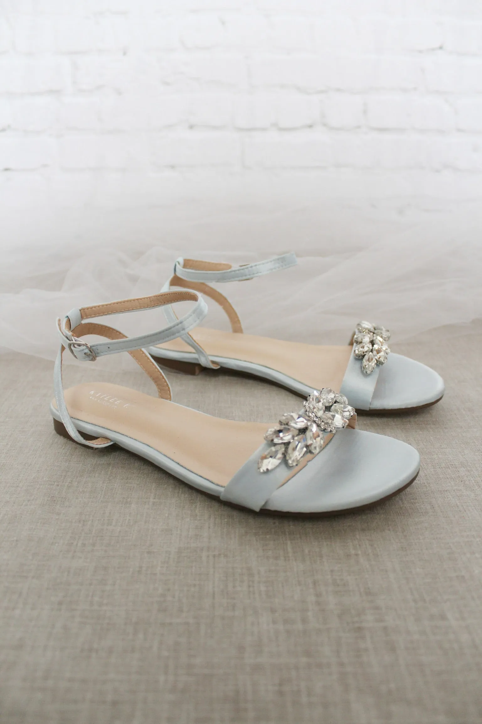 Satin Flat Sandal with Butterfly Brooch and Ankle Strap