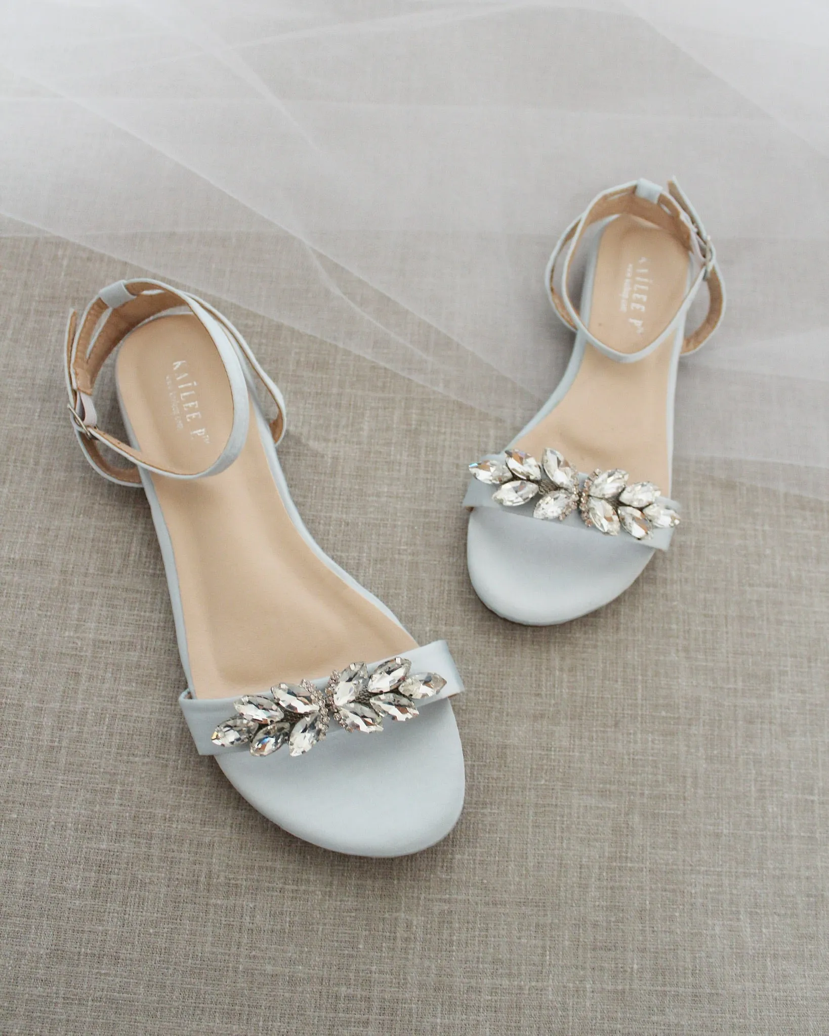 Satin Flat Sandal with Butterfly Brooch and Ankle Strap