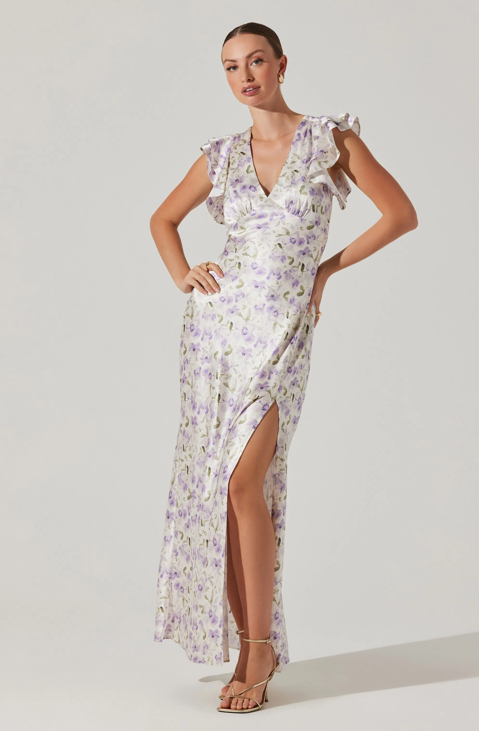 Satin Flutter Sleeve Maxi Dress