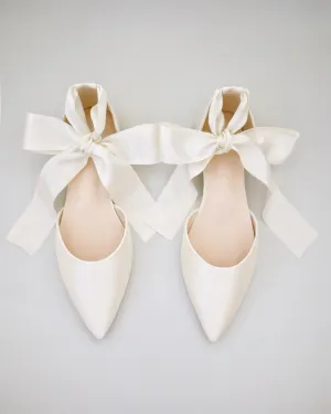Satin Pointy Toe Bridal Flats with Ribbon Tie or Pearls Strap