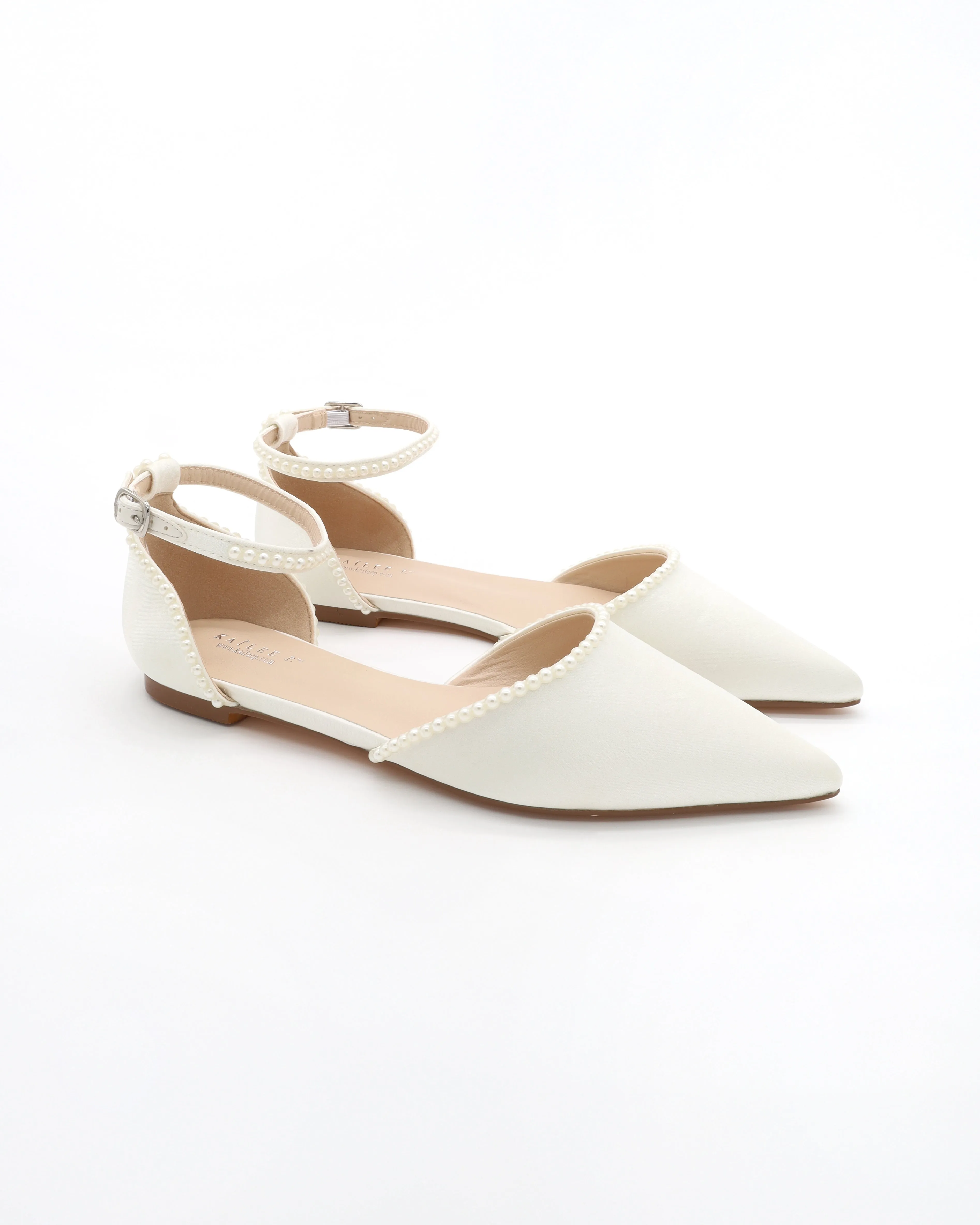 Satin Pointy Toe Flats with Mini Pearls and Ankle Strap