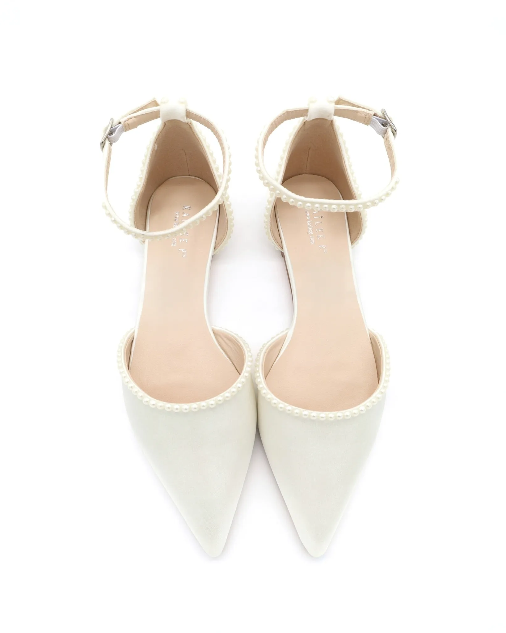 Satin Pointy Toe Flats with Mini Pearls and Ankle Strap