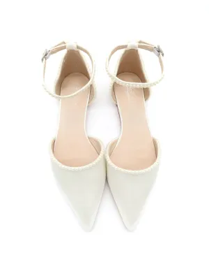 Satin Pointy Toe Flats with Mini Pearls and Ankle Strap