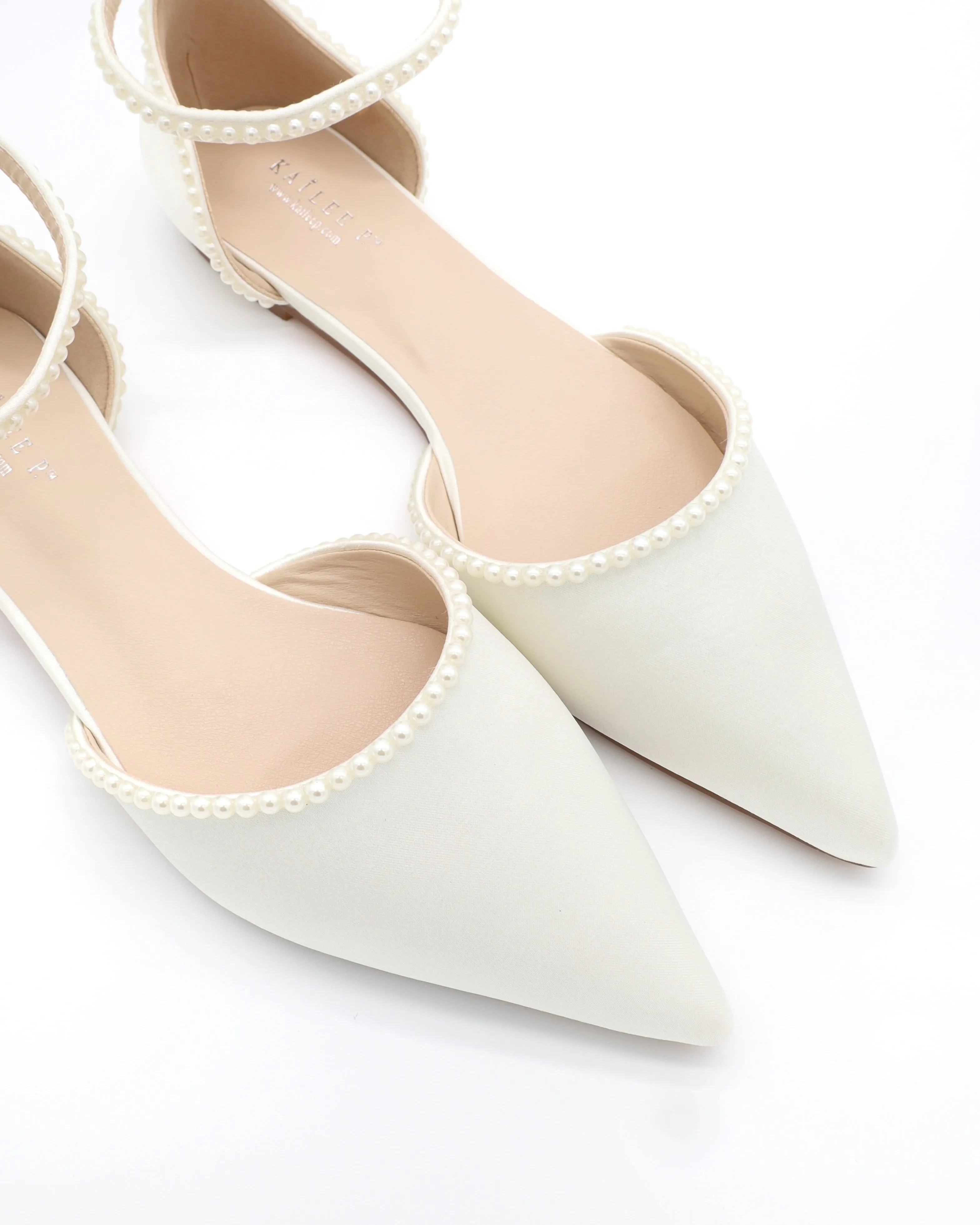 Satin Pointy Toe Flats with Mini Pearls and Ankle Strap