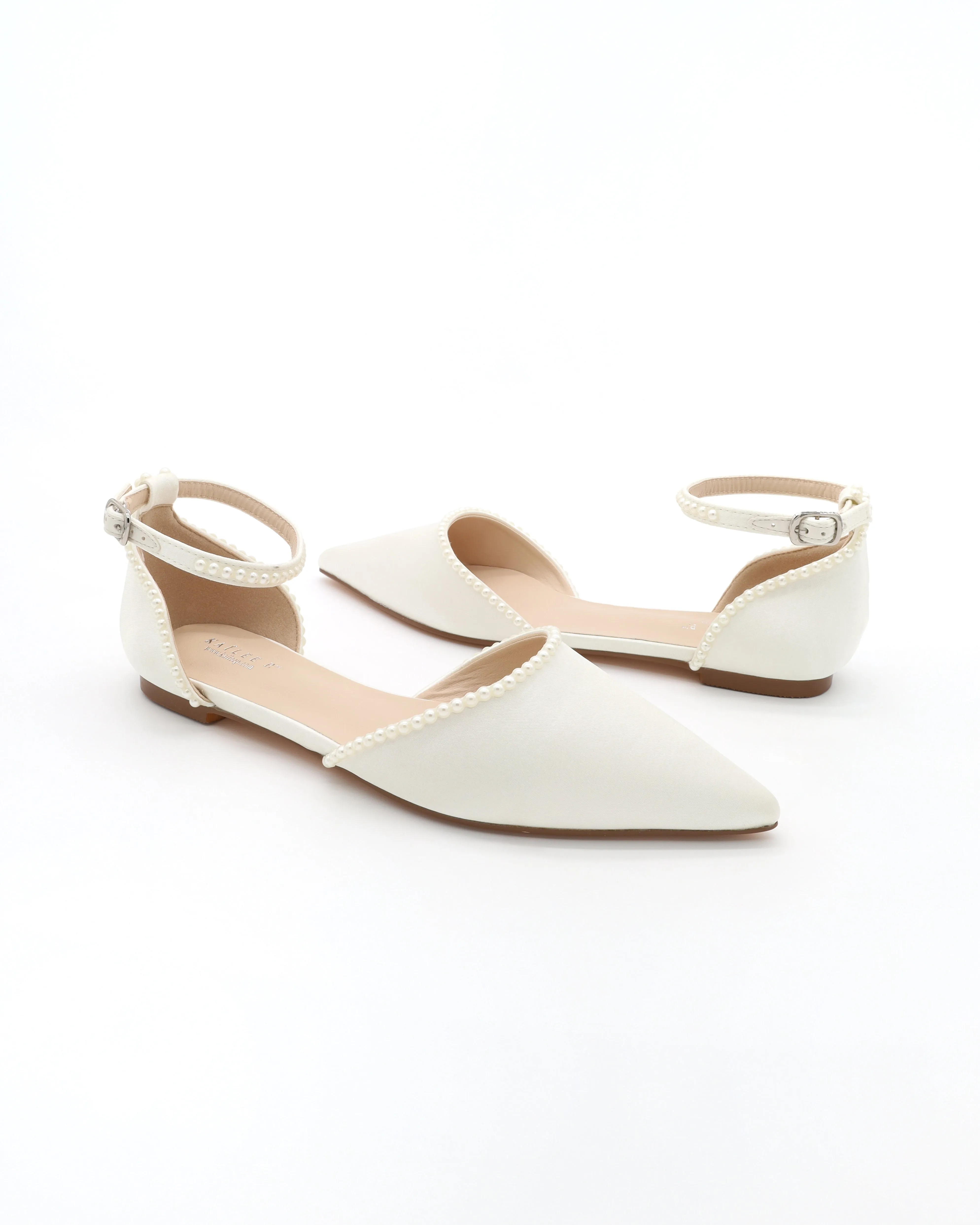 Satin Pointy Toe Flats with Mini Pearls and Ankle Strap