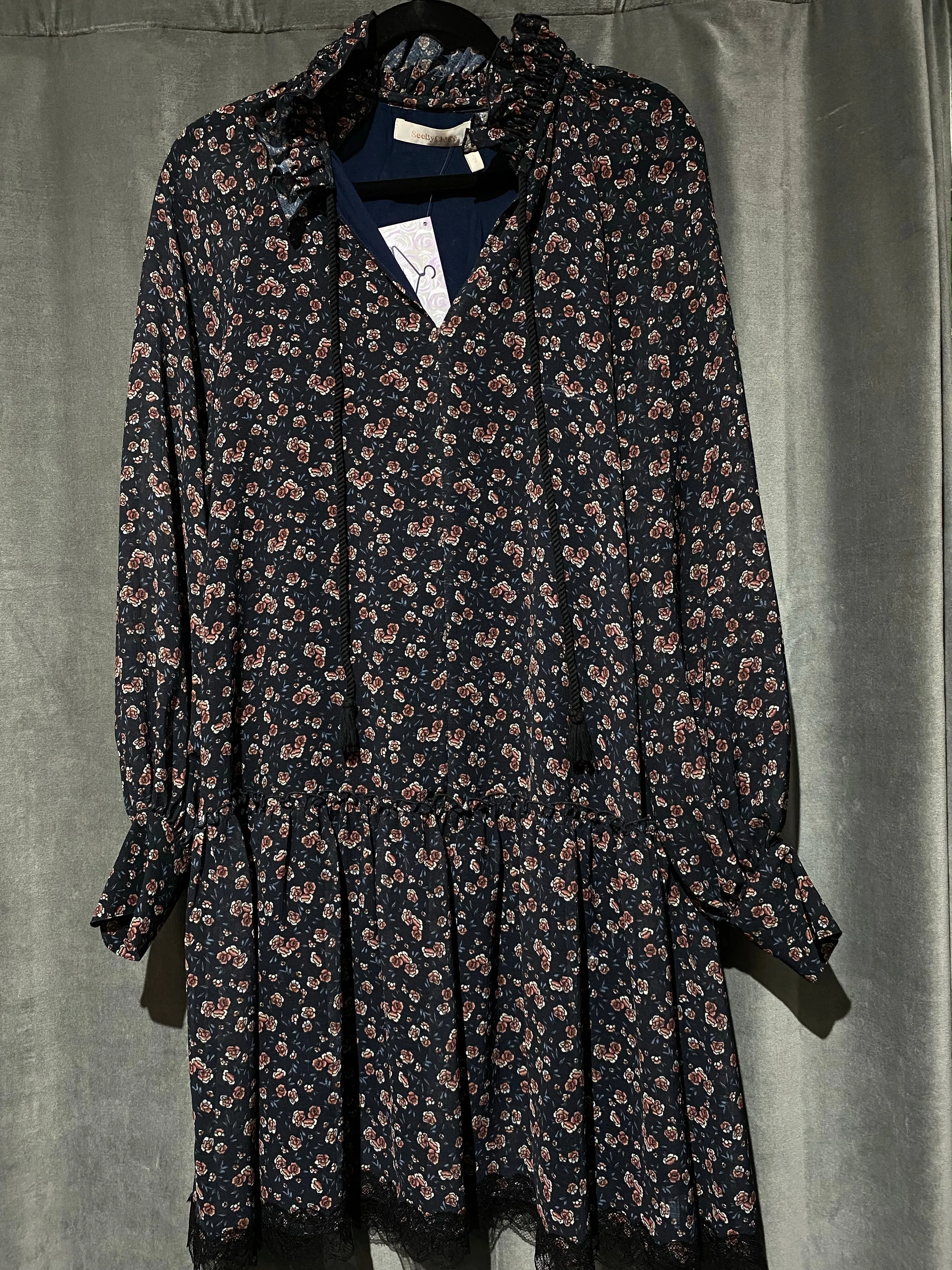 See By Chloe Floral 3/4 Sleeve Ruffle Bottom Lace trim Dress