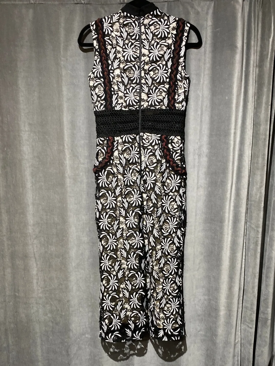 Self-Portrait Sleeveless Crew Neck Black and White Floral Straight Midi Dress