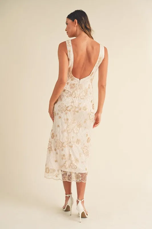 SEQUIN FLORAL BEADED SLEEVELESS MIDI DRESS
