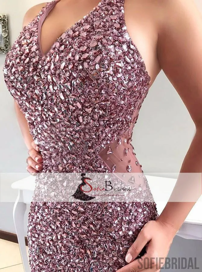Sexy V-neck Rhinestone Beaded Prom Dresses, Long Mermaid Prom Dresses, Prom Dresses, PD0398