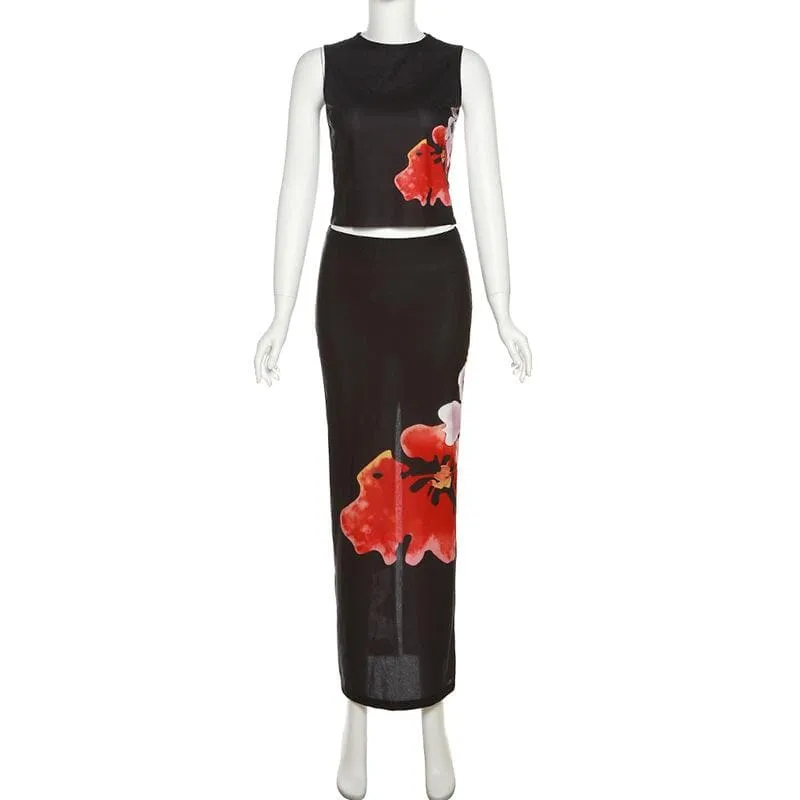 Sheer mesh see through slit flower pattern contrast sleeveless midi skirt set