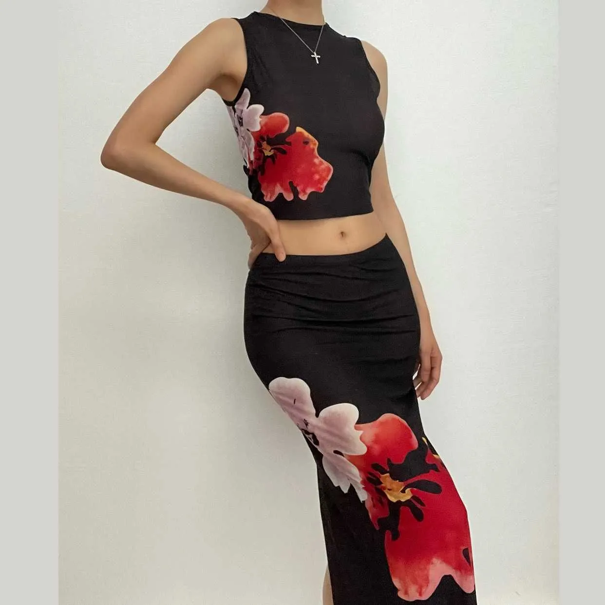Sheer mesh see through slit flower pattern contrast sleeveless midi skirt set