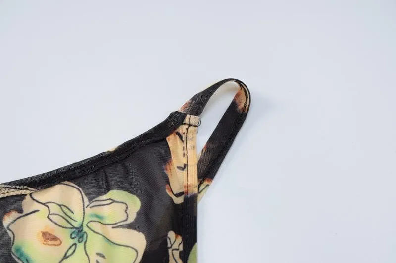 Sheer mesh sleeveless gloves backless flower pattern midi dress