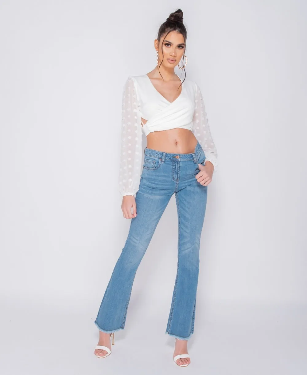 Sheer Sleeve Wrap Over Tie Back Crop Top