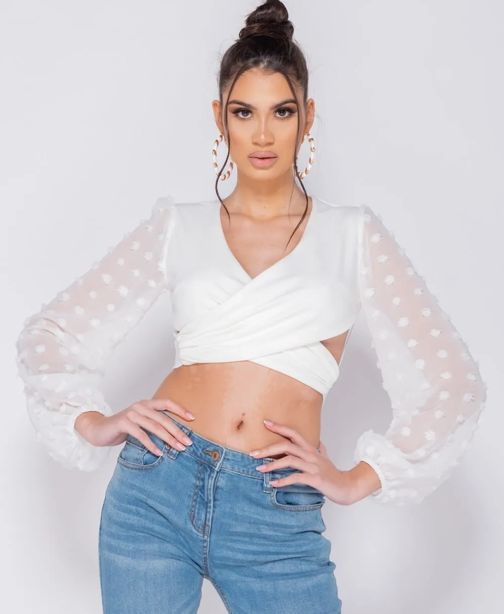 Sheer Sleeve Wrap Over Tie Back Crop Top