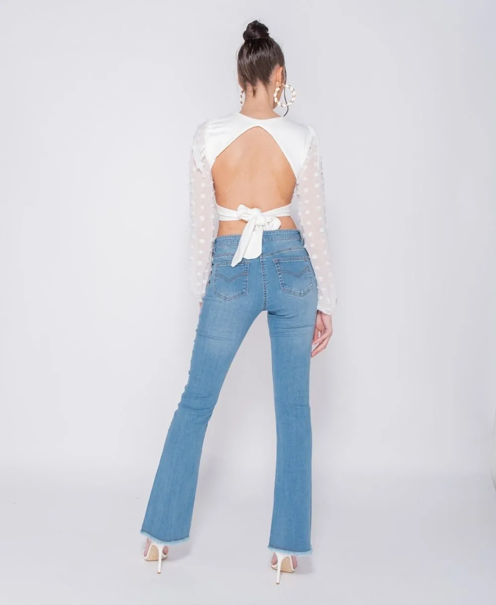 Sheer Sleeve Wrap Over Tie Back Crop Top