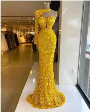 Shinny Yellow Sequins Beading Crystal Mermaid Dress