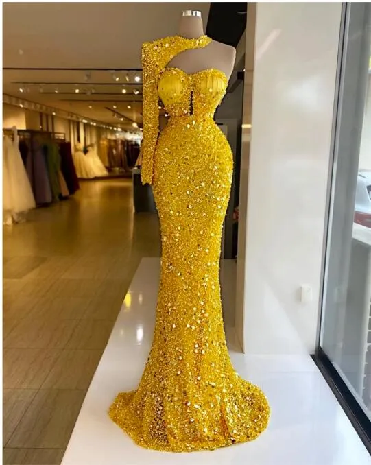Shinny Yellow Sequins Beading Crystal Mermaid Dress