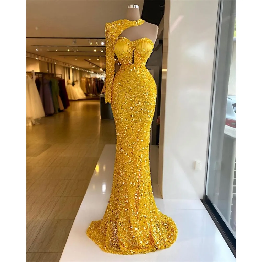 Shinny Yellow Sequins Beading Crystal Mermaid Dress