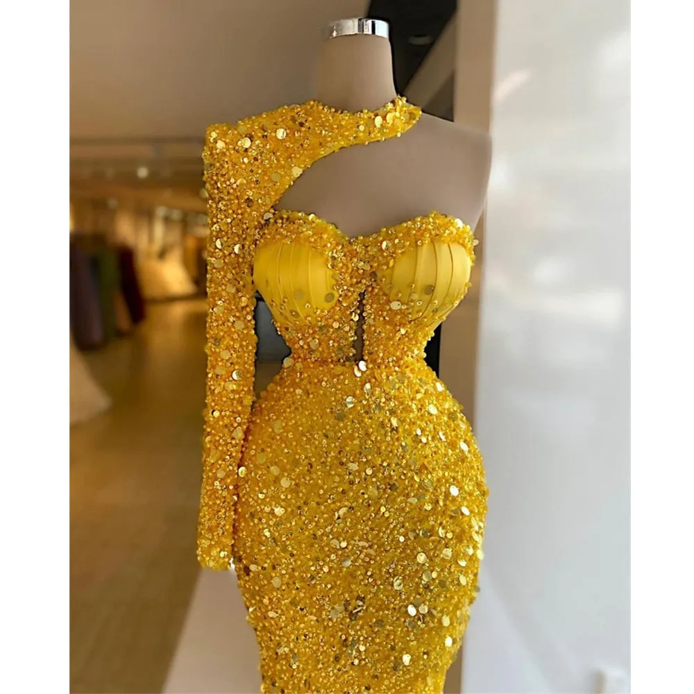 Shinny Yellow Sequins Beading Crystal Mermaid Dress