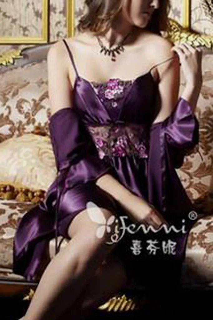 Shiny and Elegant! Two-Piece pajama set in Kimono style wz Spaghetti dress-Purple