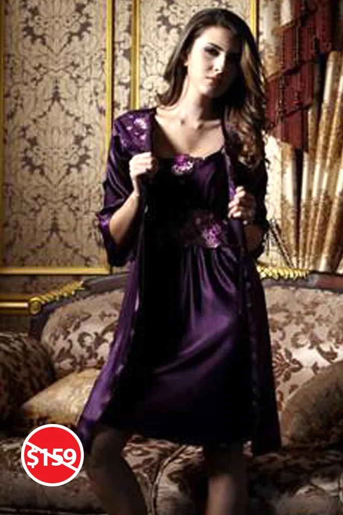 Shiny and Elegant! Two-Piece pajama set in Kimono style wz Spaghetti dress-Purple