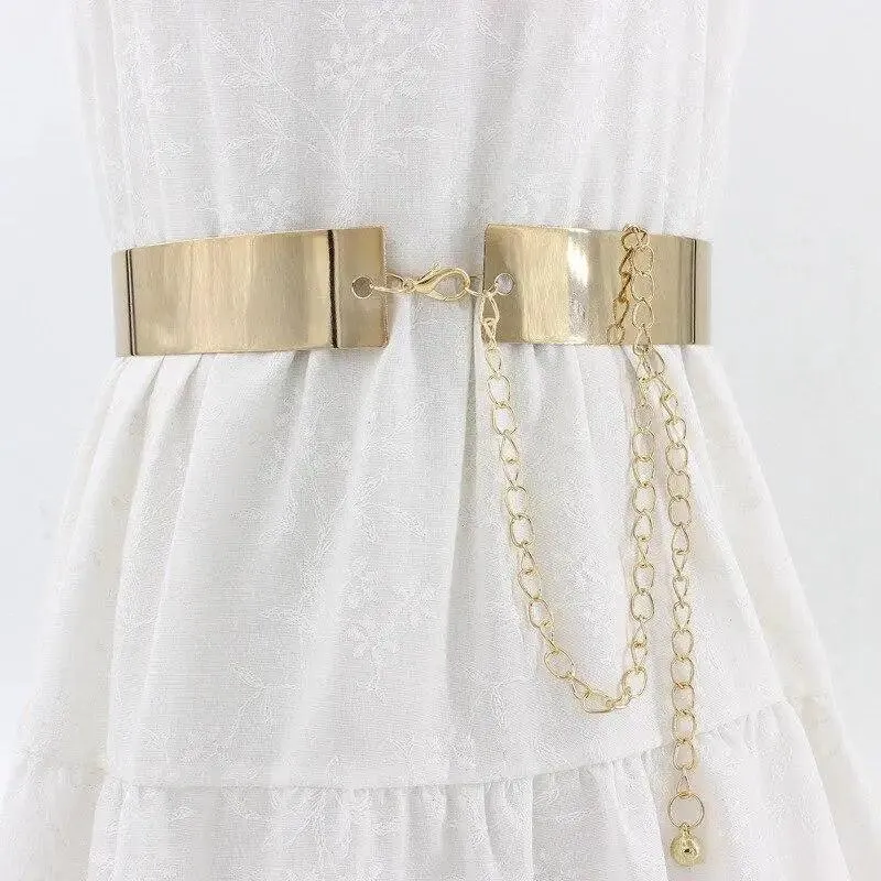 Shiny Women Metal Belt Luxurious Gold Dress Chain Belts Elegant Polished Adjustable Metal Mirror Waist Belt