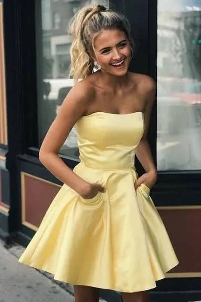 Short Round Neck Yellow Homecoming Dress Satin with Pockets