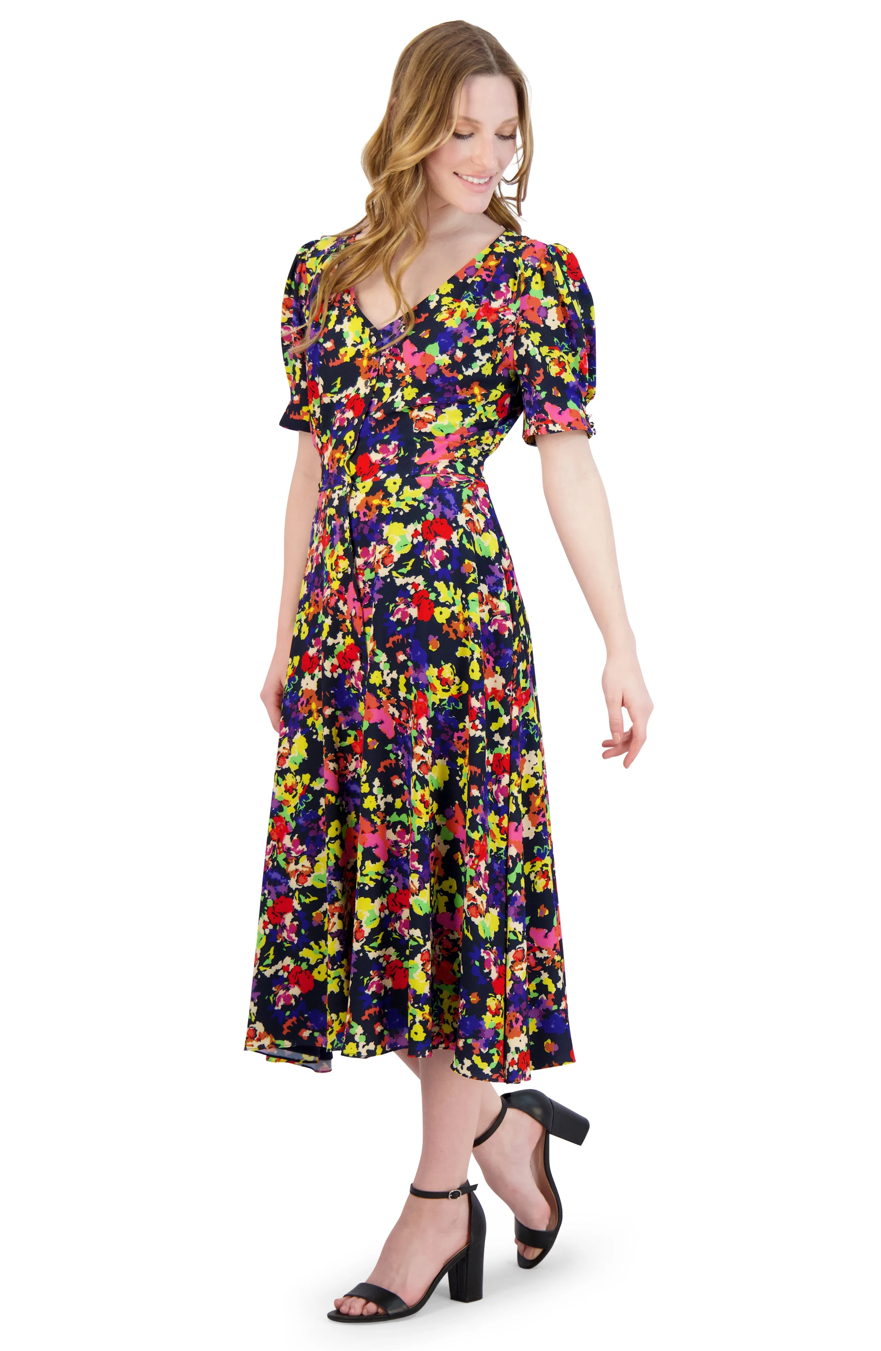 Short Sleeve V-Neck Button Midi Dress