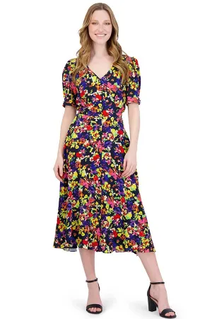 Short Sleeve V-Neck Button Midi Dress