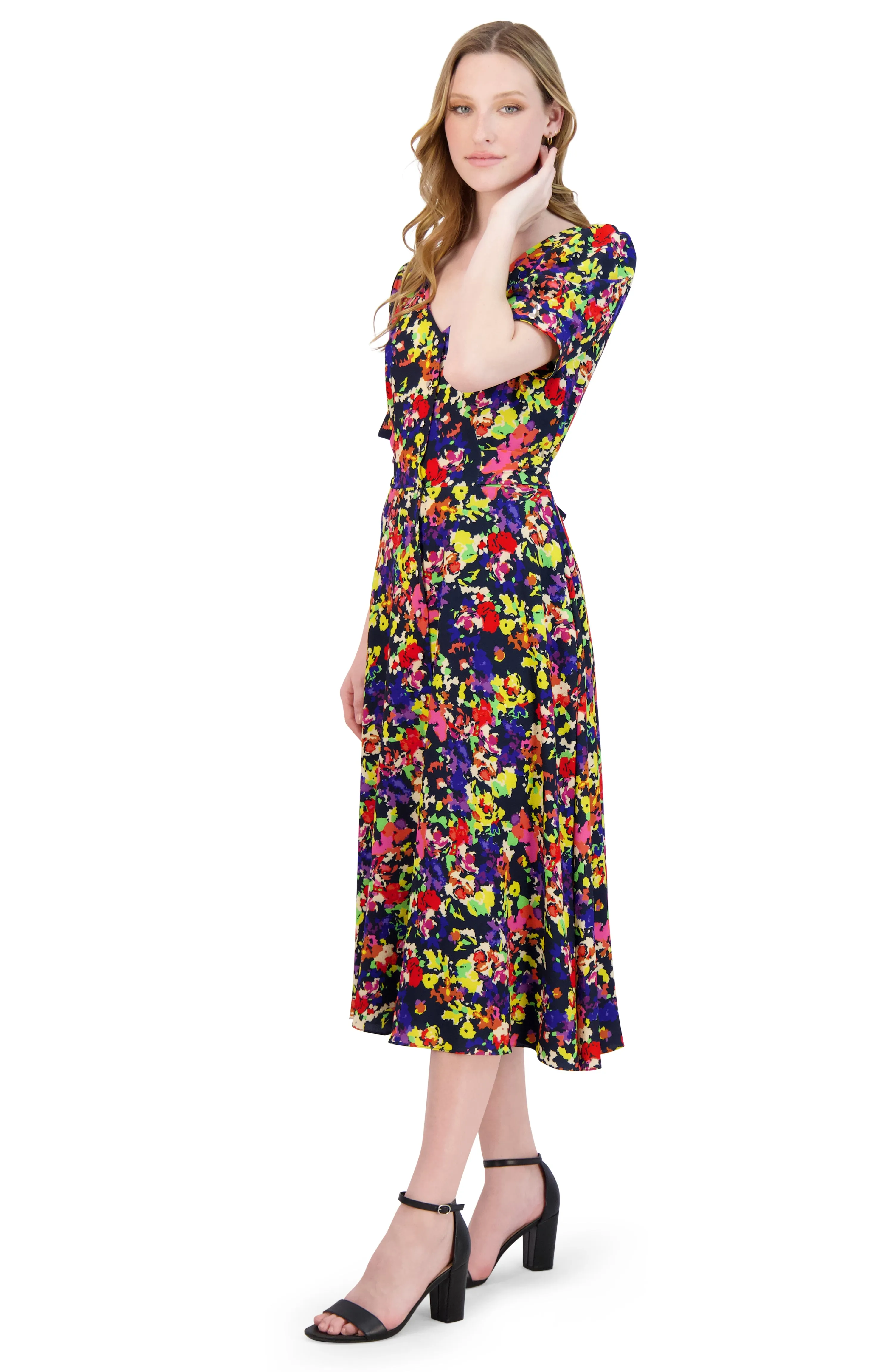 Short Sleeve V-Neck Button Midi Dress