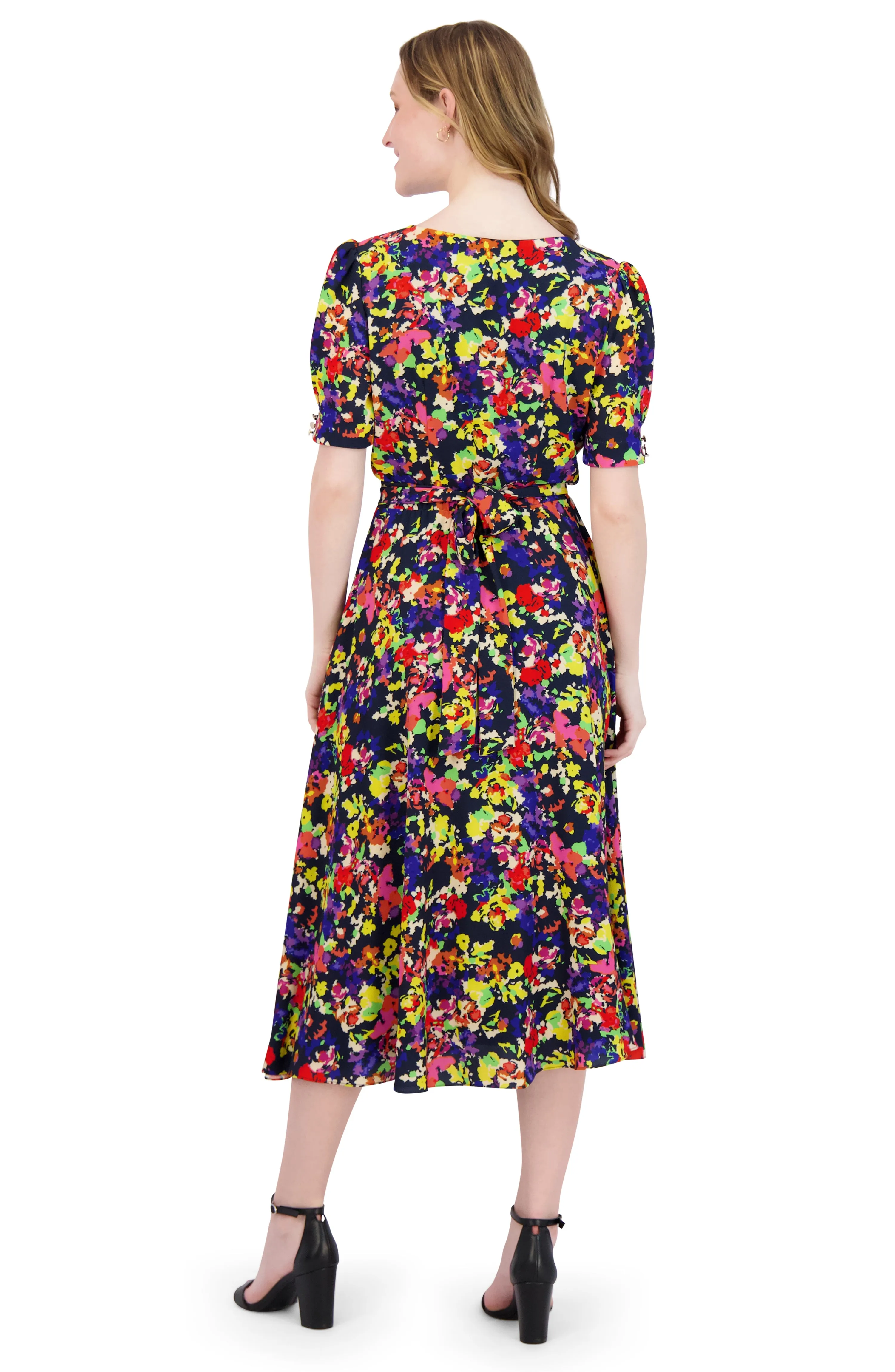 Short Sleeve V-Neck Button Midi Dress