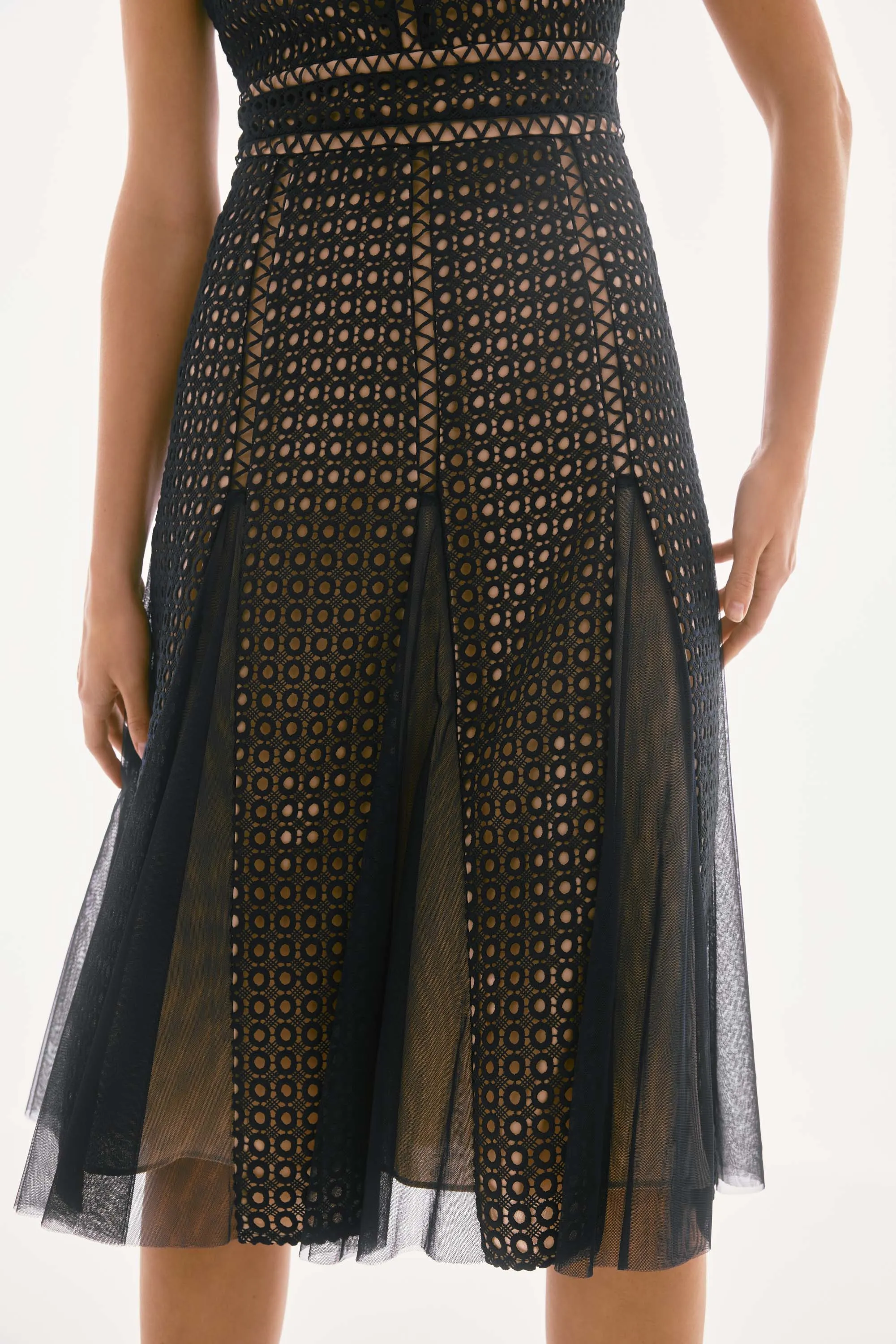 Signature Guipure And Mesh Fit And Flare Dress